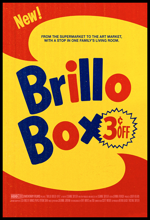 Graphic poster in red and yellow with the title Brillo Box (3 ¢ off) overlaid.